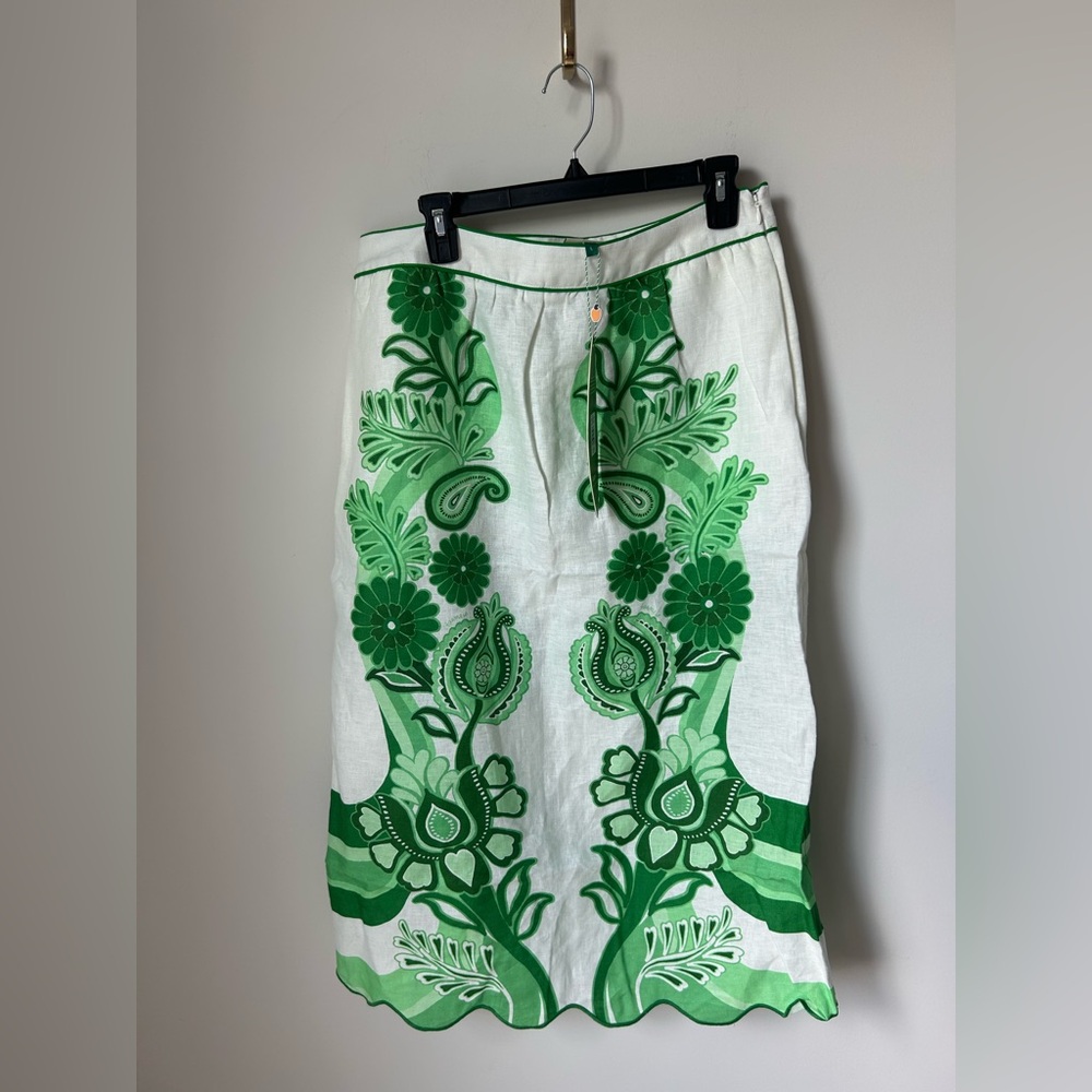 Farm Rio Green white floral embroidered Richelieu Midi Skirt